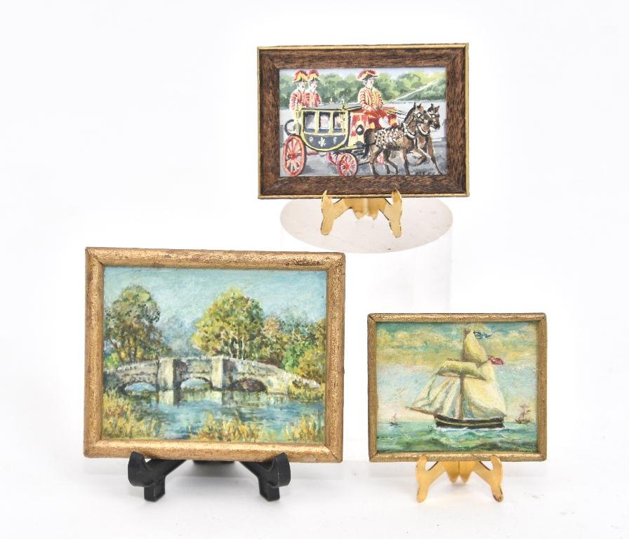 Three Artisan Dollhouse Painting Miniatures: Original painting signed J.F. titled "Ashford Bridge Derbyshire" mounted in a wood frame 1.75" by 2.25", original oil painting signed J.F. of a ship under full sail mounted in a wood frame 1.25" by 1.