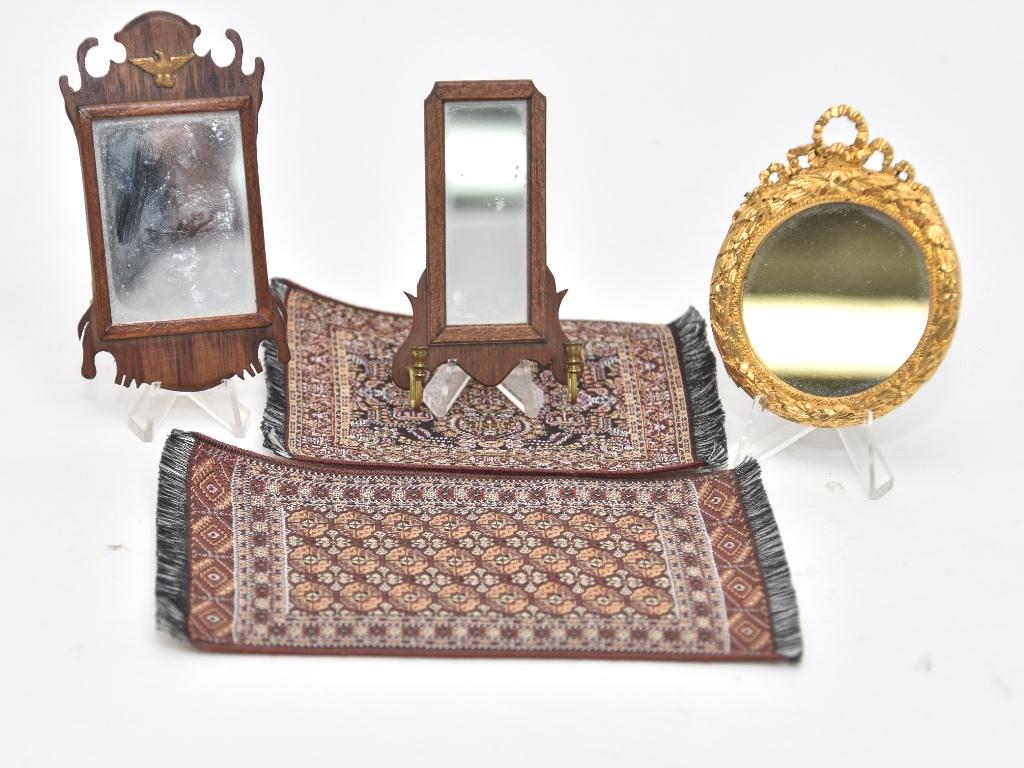 Hodgson & Chestnut Hill Mirrors, Rugs Miniatures: John Hodgson cast resin gold gilt rococo round mirror 3"H, Chestnut Hill Chippendale style mirror 3.75"H, Chestnut Hill Queen Ann style mirror with two brass candle sconces 3.25"H, two commercial doll