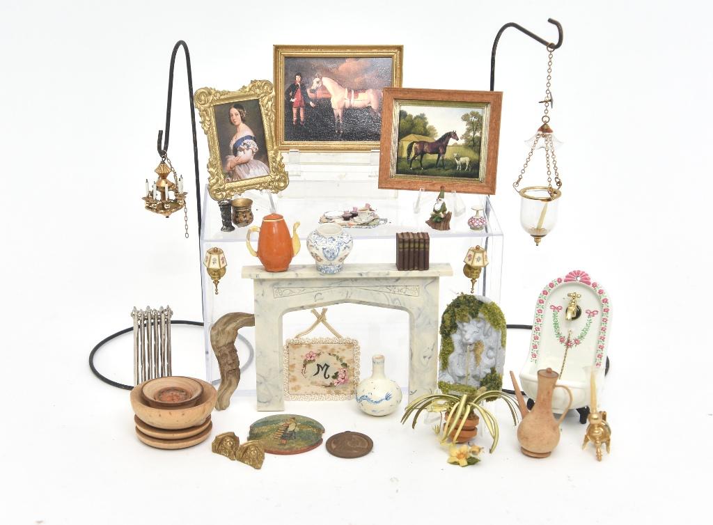 Anslinger, English Sterling Others Dollhouse Miniatures: Ligia hand painted turned wood vase 1.5"H and urn 1.25"H with a turned bone lid, quality brass and glass ceiling glass dome candle holder with chain, 1897 Queen Victoria Jubilee medal, English sterlin