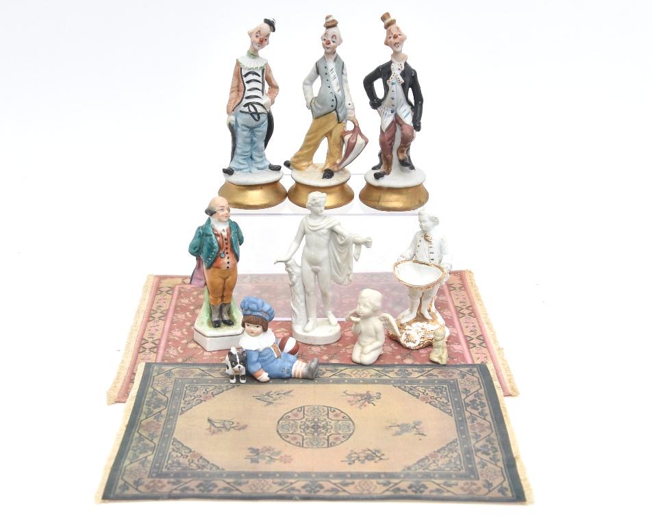 Dollhouse Rugs & Bisque Figures: Keshishian Victoria style rug 9" by 12", commercial Chinese style rug 7.25" by 11.25", assortment of bisque figures includes Greek style nude signed D.N. 5.25"H, antique child holding a pin basket 4.5