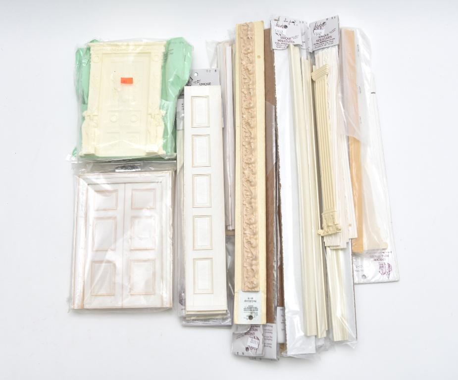 Quality Dollhouse Architectural Building Supplies: Five packs of Unique wainscoting 12.25"L including one chipped section, single wainscoting 14.25"L, pair of Unique columns 10.75"H, three resin ornate rococo faux doors and frames 5.5" by 8", Architec