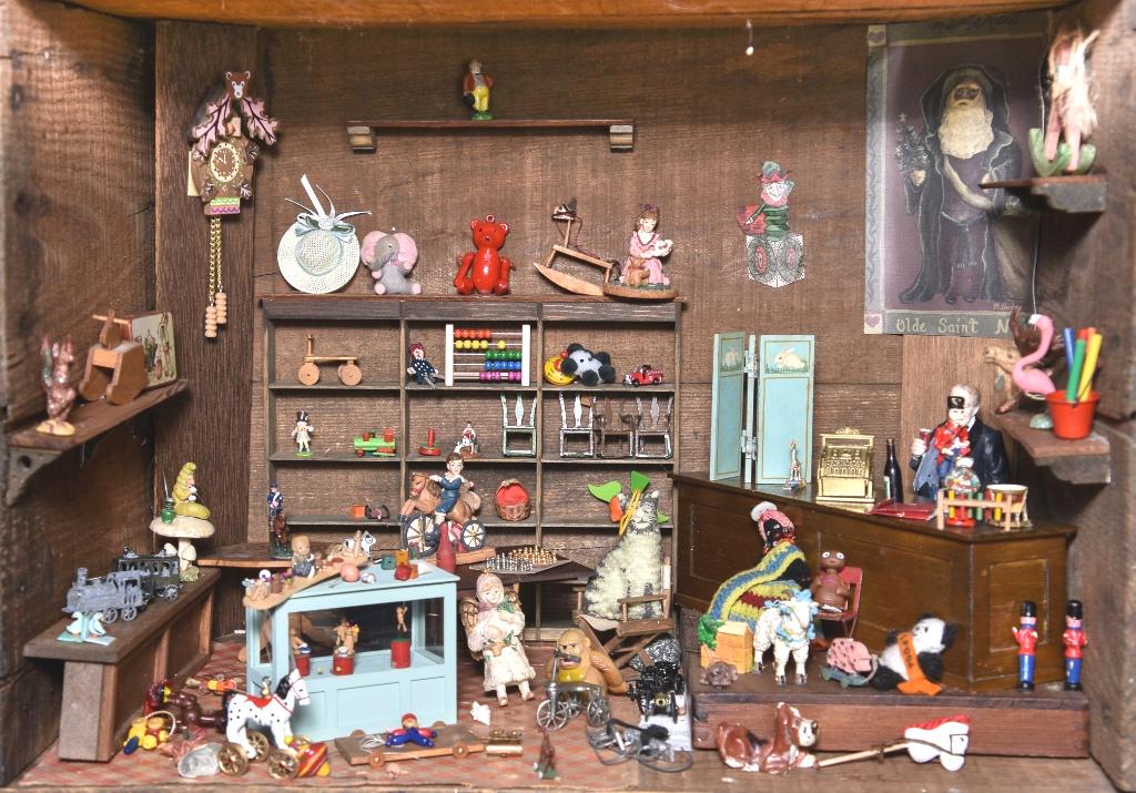 Antique Wood Crate Toy Store Room Box Dollhouse: Antique Domino Sugar wood crate set up as a toy store, counters, shelving, large group of plastic, metal, resin, pewter and wood accessories,, 22.5"W, 14"D, 15.5"H