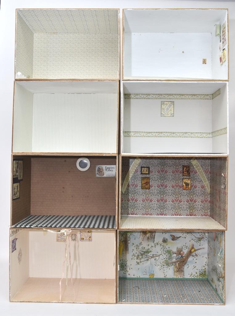 13 Empty Wood Room Box Dollhouses: Group of 13 wood room boxes, great for storage or moving miniatures to the show, scattered interior paint and wallpaper, 16"W, 10"D, 11"H, this lot is local pick-up only, we will not ship