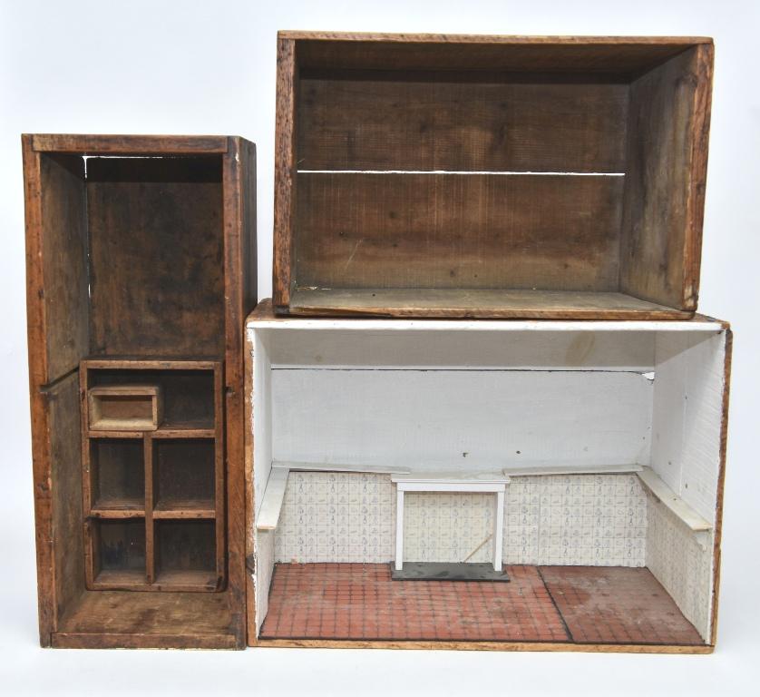 Antique Wood Crates For Room Box Dollhouses: Antique Magic Baking Powder wood shipping crate 20.5"W, 11.5"D, 13.25"H, Diamond Brand Matches antique wood crate 23"W, 11.5"D, 16.5"H with painted and papered interior, wood fireplace and shelves, an