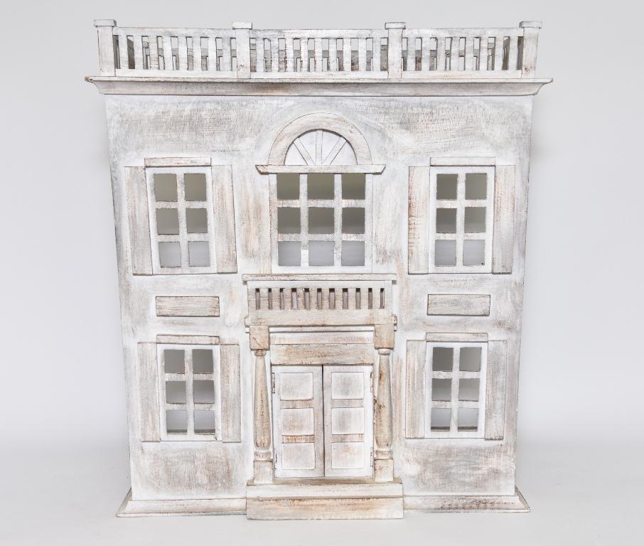 Neo-Classical Dollhouse: Nicely made wood dollhouse with good architectural features, eight standard windows with wood mullions and shutters, large arched window, hinged double doors, bal lustrated roof, finished inside and o