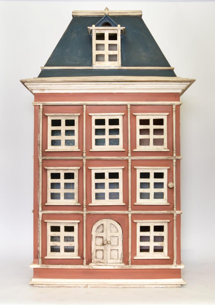 French Manor House Dollhouse On Stand: Three story dollhouse has a removable roof for shipping, painted exterior with nice wood moldings, hinged front for access has eight wood window frames and a hinged double door, interior contains five