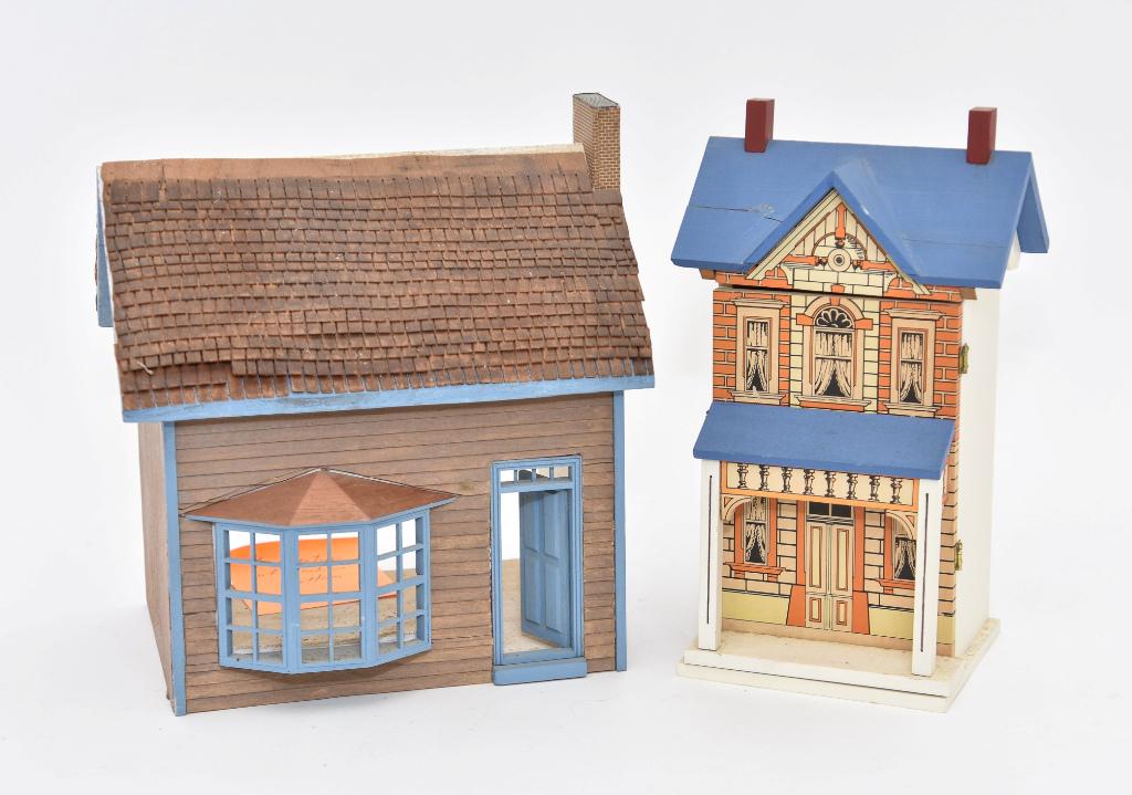 Two 1/2" Scale Artisan Dollhouses: Artisan made blue roof Bliss style 1/2" scale dollhouse has hinged front covered in litho paper covering two rooms with pretty paper on walls and floors 6"W, 4.5"D, 10.5"H signed SM 1982 with illegibl