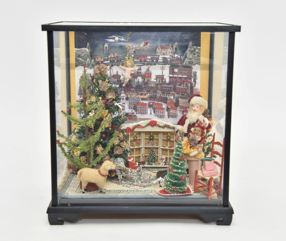 Small Christmas Furnished Room Box Dollhouse: Plastic room box has glass on three sides and removable top, interior contains a needlepoint Chinese style rug, bisque Santa with a sack of small toys 5.5"H, a large Hope Elliott tree decorated with f