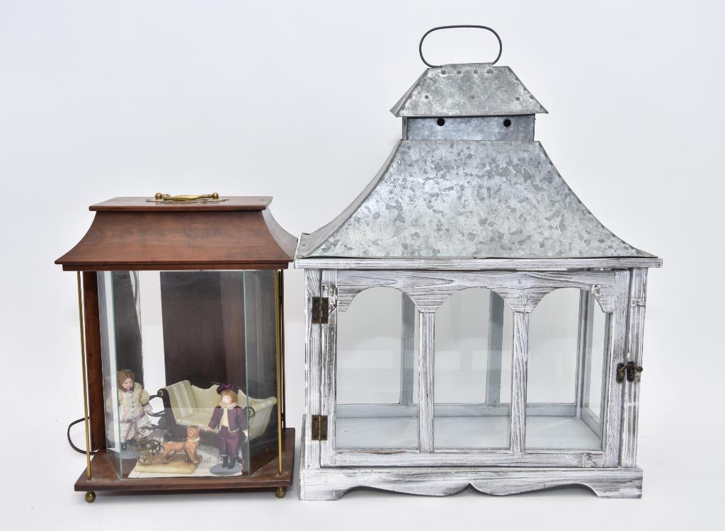 Two Dollhouse Room Box: Vintage circa 1970's wood and glass room box with a loose hinged paneled rear door, built in ceiling lamp, contains a Jaris sofa, Linda Steel bisque girl 4.75"H, older unsigned bisque boy in soiled cl