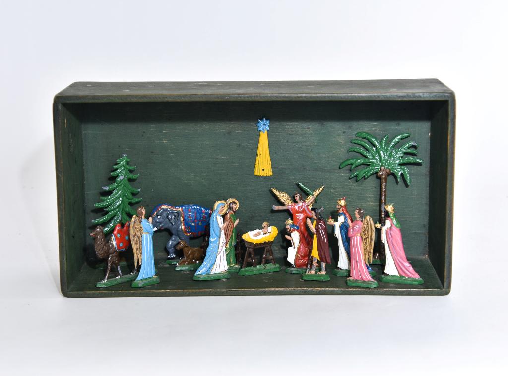 Vintage Nativity Scene Room Box Dollhouse: Small vintage dark stained wood box containing a vintage hand painted soft metal nativity scene with Joseph 2.5"H