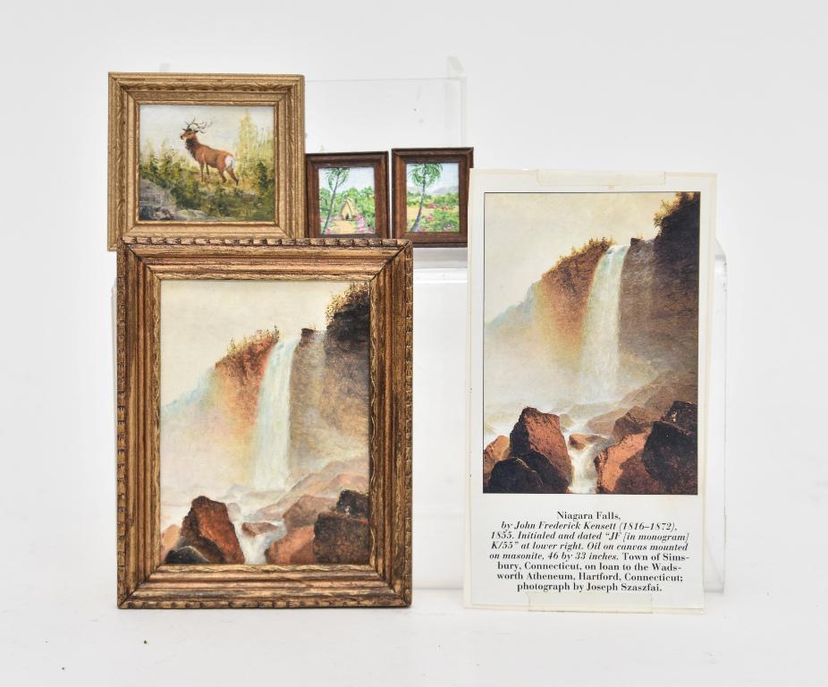 Noel Ulrich Dollhouse Miniature Paintings: Noel Ulrich hand painted oil scene of Niagara Falls painted after the original by John Frederick Kensett in 1855 mounted in a wide wood frame 3.5" by 4.25", Noel Ulrich oil painting of an elk mounted