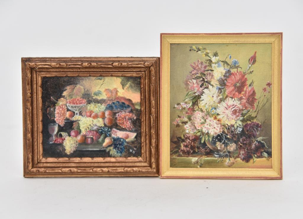 Ulrich & Spice Still Life Miniature Paintings: Noel Ulrich original oil still life painting of an elaborately set table with fruits against a landscape mounted in a wood frame 3" by 3.5", Betty Spice original oil painting of a floral arrangement a