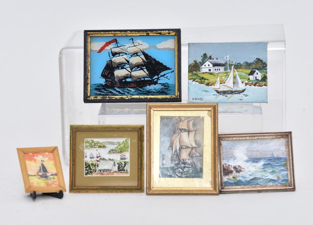 Assorted Artists Miniature Ship Paintings: Margaret Walker oil on wood painting of sailing ships from a rocky shore 2.25" by 1.75", K. Shively painting on artist board of a sailboat passing by the shore 2" by 2.5", KJF Bird watercolor and ink 