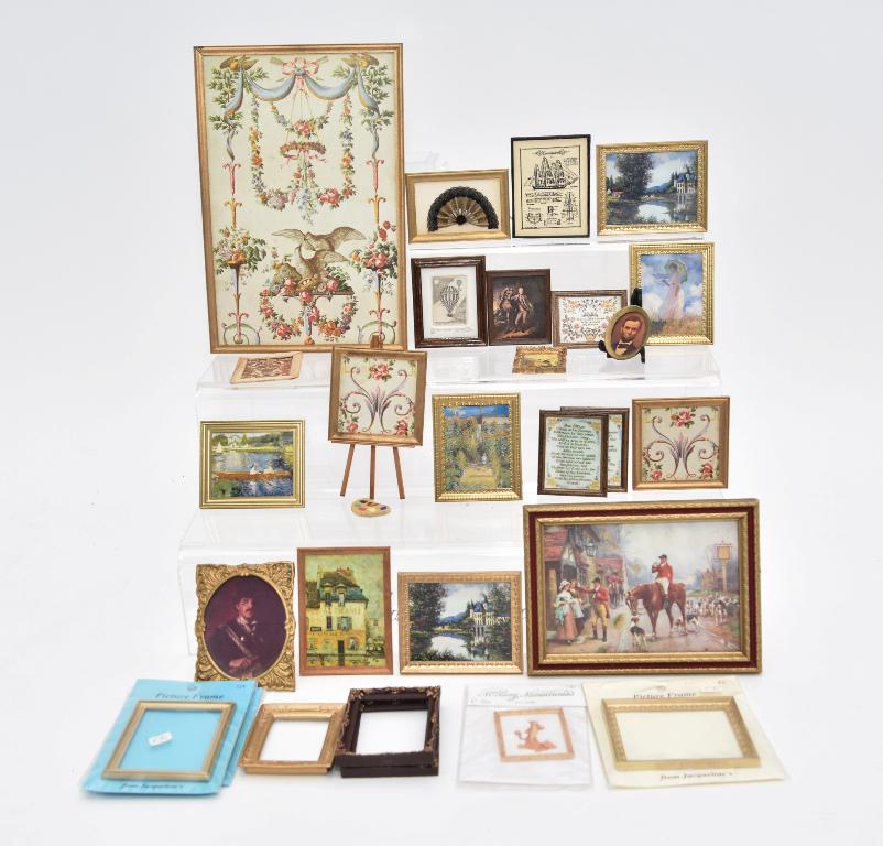 Large Assortment Of Dollhouse Prints & Frames: House of Thumbelina framed rococo bird print 6" by 8.5" with two smaller 2.5" side panels, N.C.W. framed print of Nic Nichols in vintage costume, fox hunter at rest print 4.25" by 5.75", framed fan, J
