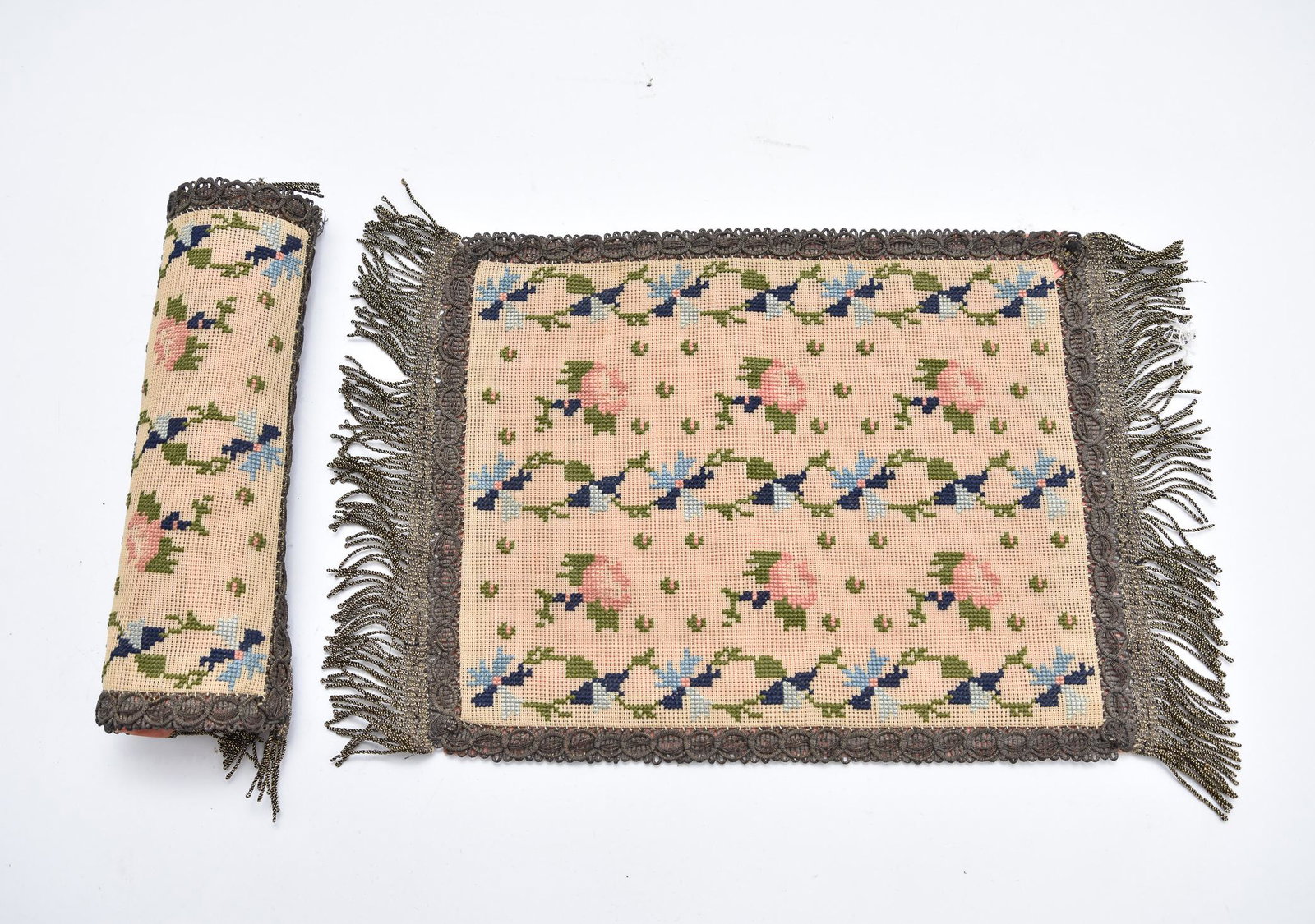 Pair of Needlepoint Dollhouse Rugs: Pair of needlepoint dollhouse carpets with trim around edges and long fringe 8" by 13"