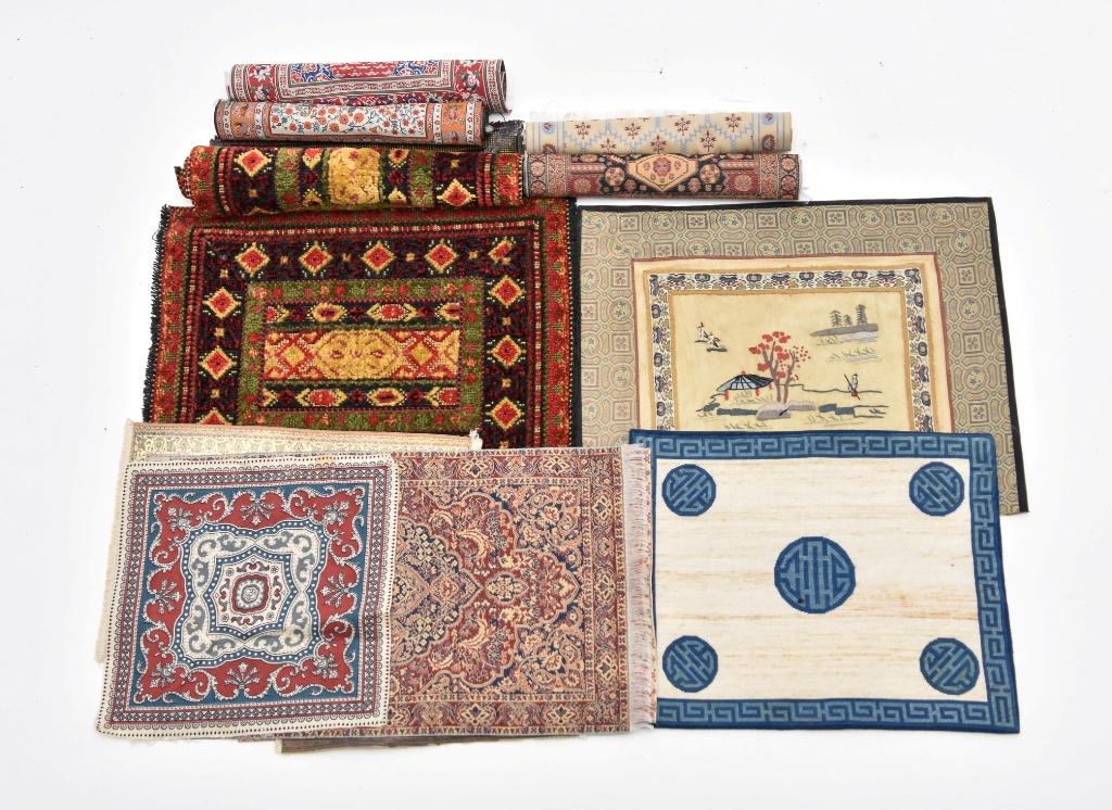 Large Group of Dollhouse Rugs: Nice assortment of large dollhouse rugs, pair of red, blue and gold rugs 9" by 12", eleven other rugs in Chinese and Persian styles