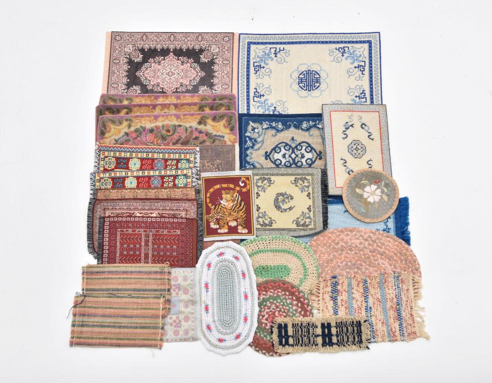 Twenty Three Small Dollhouse Rugs: Group of small dollhouse rugs, Persian, Chinese, rag etc., largest 6" by 8.25"