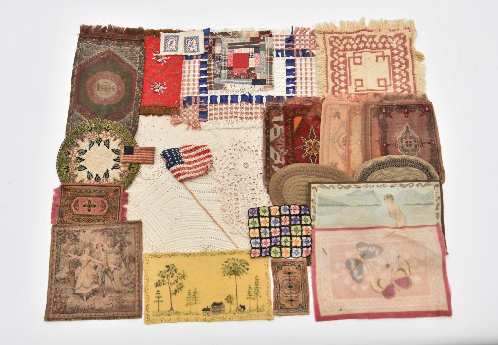 Dollhouse Hand Made Rugs & Cigar Box Rugs & Tapestry: Dollhouse red needlepoint runner 3" by 7", soiled hand sewn flag rug, pair of needlepoint unframed samplers 1.75" square, hand painted primitive colonial style tapestry on light yellow fabric 4.5" by 