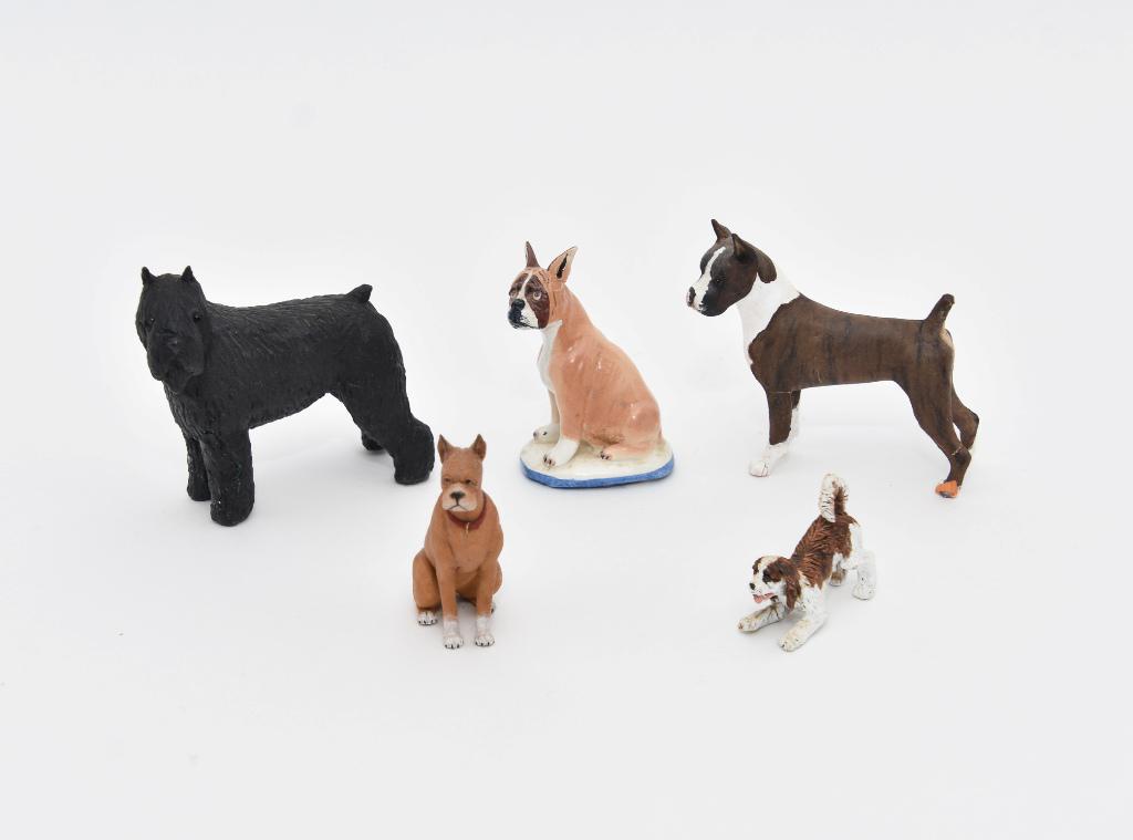 Brent, Transue & Mattheins Dollhouse Animals: Nice group of signed dollhouse artisan animals, Karen Brent standing boxer 3.5"L and Giant Schnauzer 3.25"L, Basil Mattheins Staffordshire style ceramic seated bulldog 2.75"H, Jacki Transue seated box