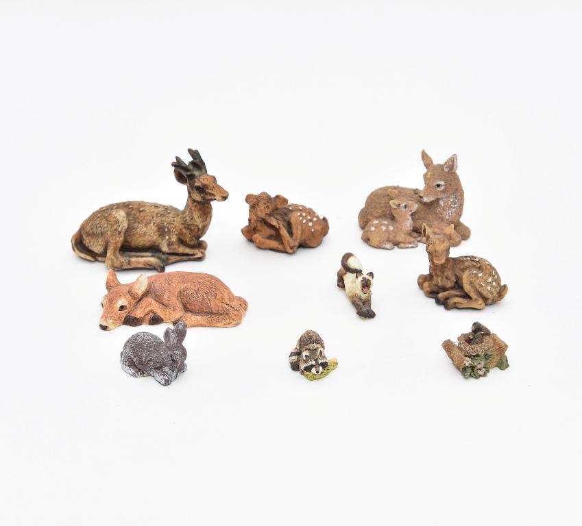 Josephine Hyde Dollhouse Artisan Animals & Others: Josephine A. Hyde artisan laying down deer 3"L, stretching cat and raccoon stealing an ear of corn, also includes commercial cast resin deer, rabbit and birds' nest on stump