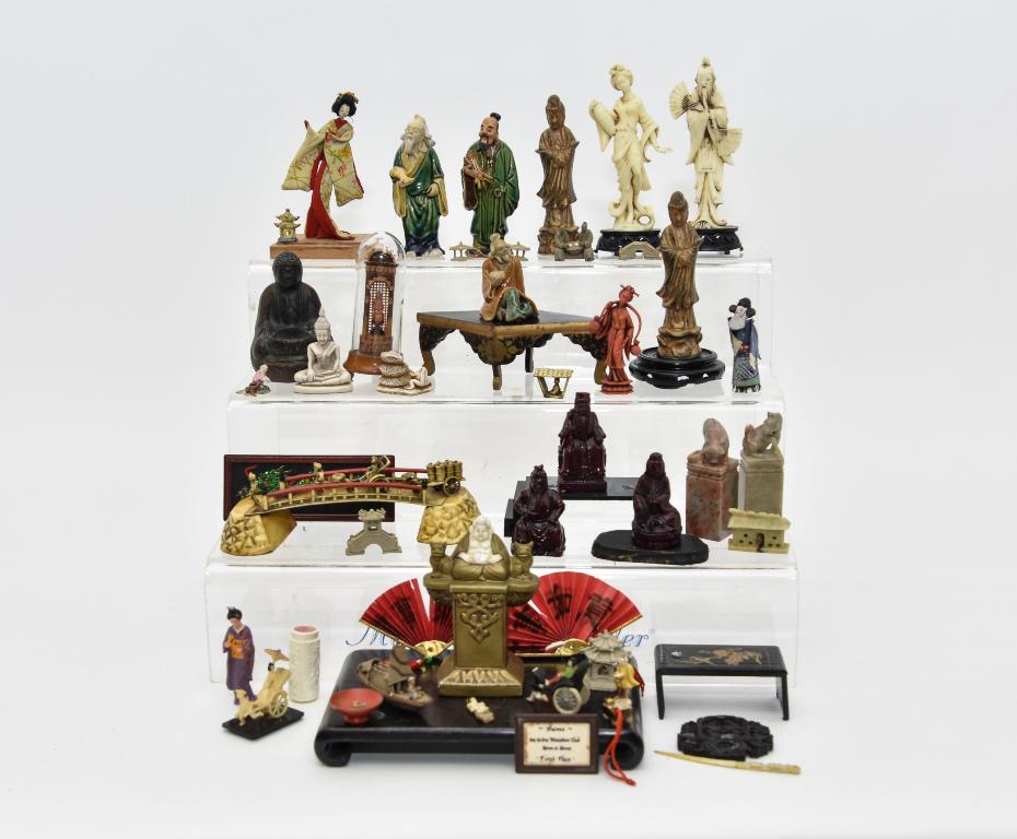 Chinese Style Dollhouse Small Miniature Accessories: Carved stone horse and bull seals 3.25"H, wood stand with ceramic Buddha and foo dogs on a throne 4"H, ceramic, resin, cast stone and plastic deities, wood stands, mud men, houses and boat, resin snak