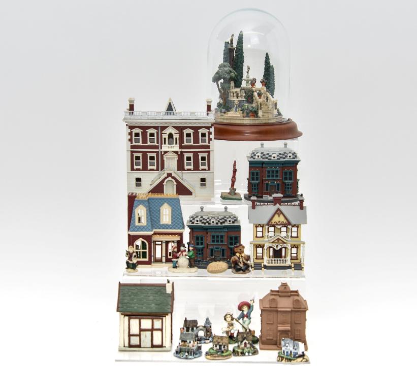 Miniature Dollhouses & Diorama: Dennis Young painted wood timbered house with hinged front 2 5/8"W, cast resin palace with removable front 5"W and five smaller cast resin buildings, Franklin Mint cast resin garden under glass dome o