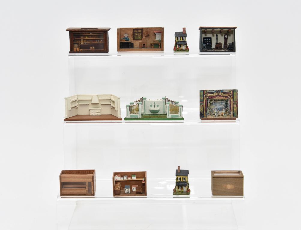 Tiny Dollhouses & Room Boxes: Pair of B. Buckeye tiny yellow houses 1 3/8"H, antique German school room box 2.5"W, Piper country store room box 2.25"W, Clancy empty store room box 1 5/8"W, F.E. Armstrong mahogany room box filled w