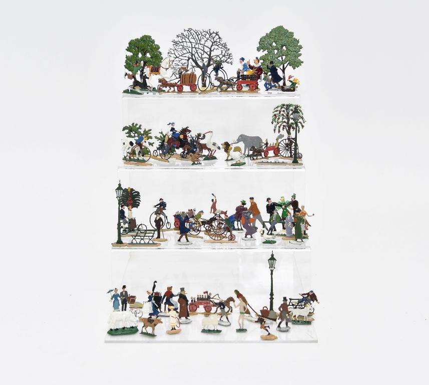 Small German Painted Figures & Accessories: Flat soft metal German painted accessories, bicycling, ice skating, park, animals, horse drawn wagons etc.