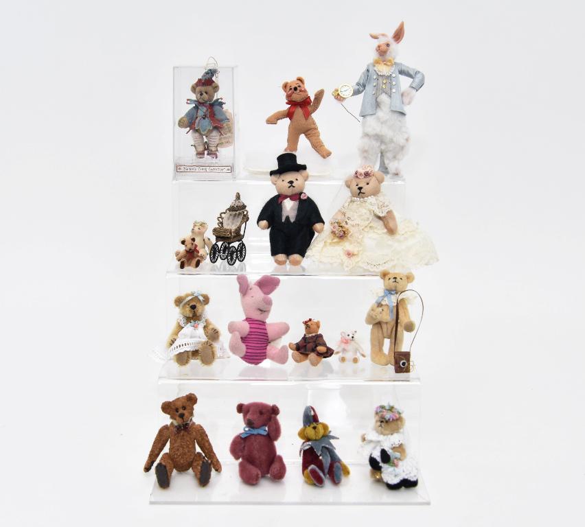 Dollhouse Bears & Animals: Nice selection of small plush animals, Kay's Bears blonde bear with lace collar holding a baby bear 3.5"H, small hand sewn bear in a Buckeye artisan stroller, Janet Wilson clown bear in original packa
