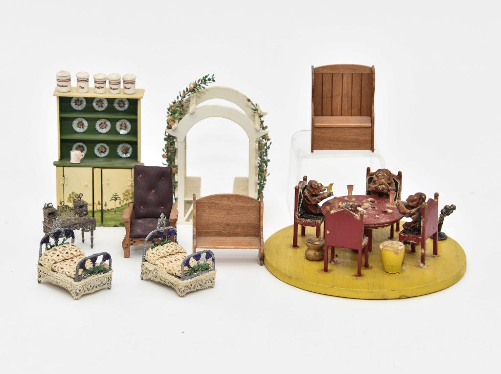 1/2" Scale Dollhouse Furniture & Accessories: Janet Bailey step back cupboard hand painted with a country landscape 3.5"H, vintage monkeys carved from nuts sitting in wood 1/2" scale chairs playing cards mounted onto a round base 5"D, R. Lyons ga
