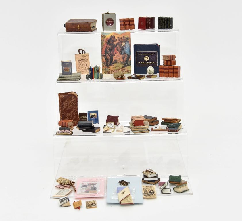 Dollhouse Book Miniatures: Antique printed English dictionary by David Bryce bound in red Moroccan leather 1 1/16"H complete with its original metal carrying case with built in magnifier, undated but circa 1890, Printed miniatu