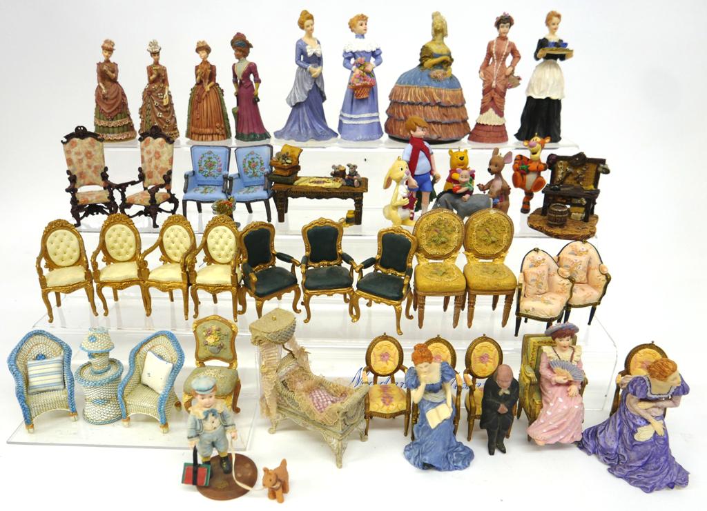 Cast Resin Dollhouse Furniture & Accessories: Nice assortment of dollhouse scale chairs, workbenches, bassinet and figures for the 1/12 scale dollhouse