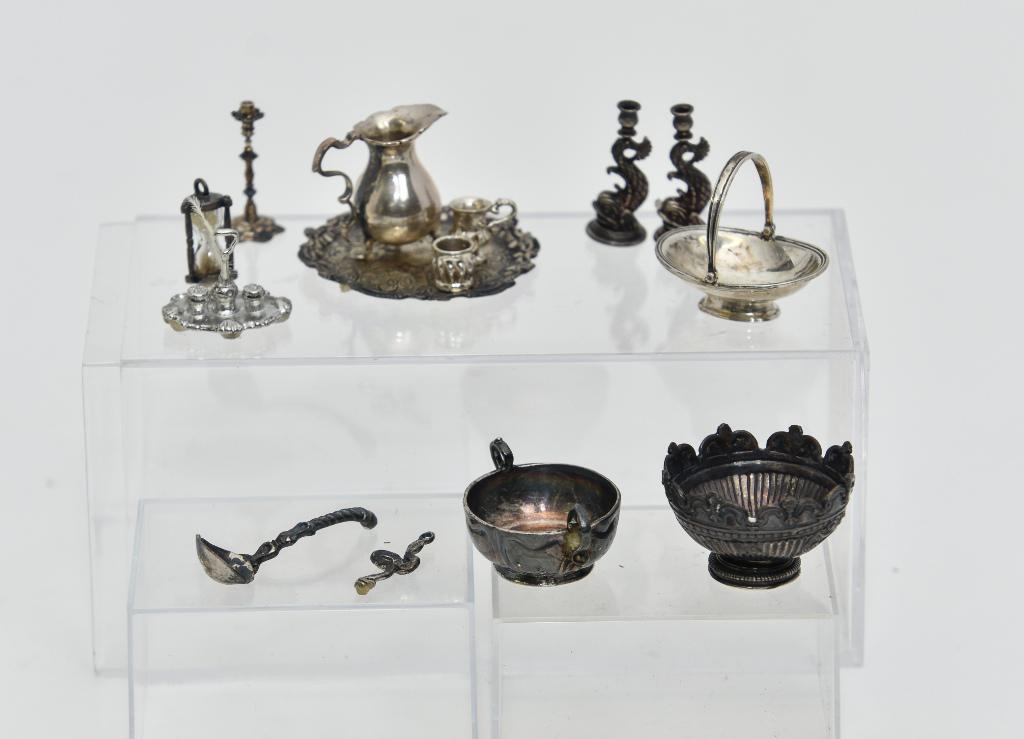 Assorted Artisan Dollhouse Silver Miniatures: Nice assortment of sterling table accessories by well known artists, Obadiah Fisher monteith punchbowl 1 1/8"W with a ladle, Acquisto basket with swing handle and candlestick, Harry Smith pair of dolp