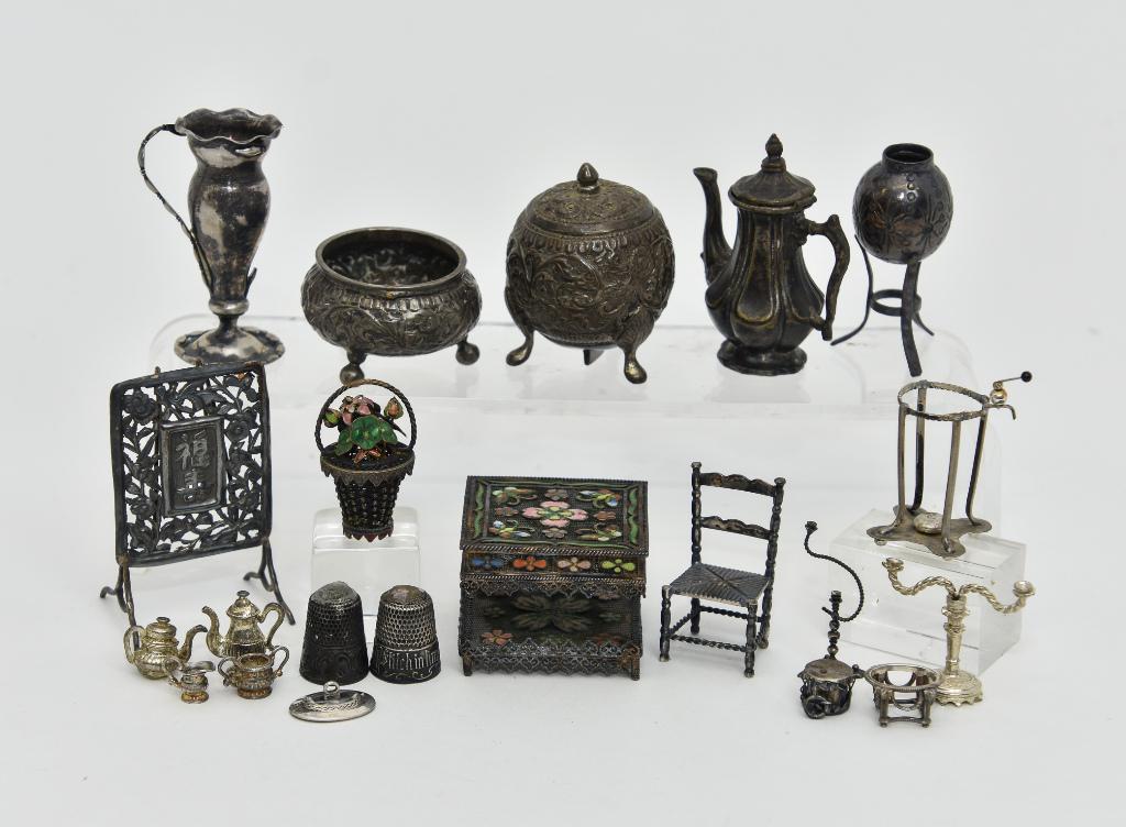 Dollhouse Silver & Silver-Plate Accessories: Large sterling vase lacking a side handle 2.25"H, vintage Chinese silver square table with enamel flower and butterfly decorations 1.25" square signed with Chinese chop mark, European open salt dish s