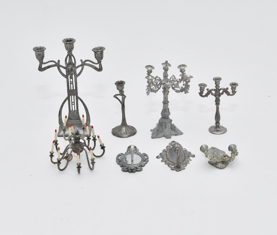 Vintage Dollhouse Lighting Accessories: Assortment of mostly German vintage dollhouse accessories made from soft metal, Art Deco candelabra 4"H, rococo six socket candelabra 3.25"H, 12 candle chandelier 2.5"D, pair of sconces 2.25"H, double