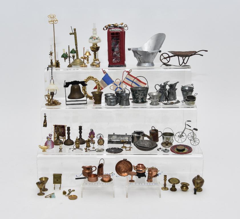 Assorted Small Brass & Tin Dollhouse Accessories: Combination of vintage and newer dollhouse brass accessories, mail box, parlor lamp with glass shade 4.5"H, student lamps, candlesticks, trays, tea set, folding camp chair, compote, spittoon, bell on