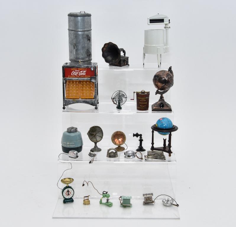 Dollhouse Small Appliance Miniatures: Nice assortment of nicely detailed miniatures, includes two space heaters, fan 1.5"H, telephone, pressure cooker, working kitchen scale, waffle iron, three types of irons, three types of toasters, mix