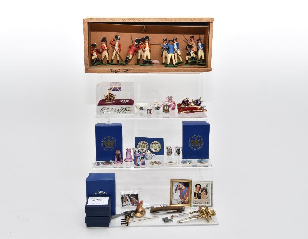 English Royalty Dollhouse Miniatures: Cased Prince Of Wales crown and Spencer tiara, Queen's Jubilee three etched glass vases in original boxes by Glasscraft, two Jubilee porcelain plates in original boxes, miniature crown jewels, anniver