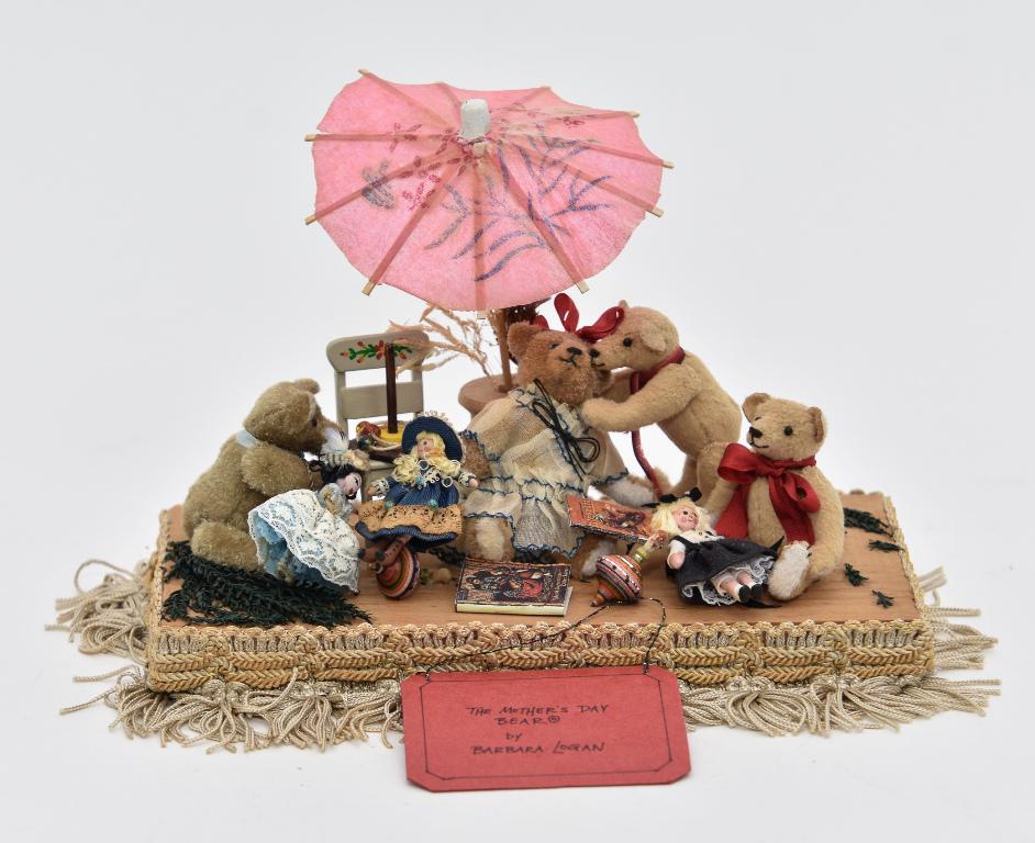Barbara Logan Artisan Bear Diorama: Barbara Logan artisan diorama titled "The Kiss" containing four jointed bears, three wood head dolls, toys and accessories, mounted on wood base 3.5" by 7"