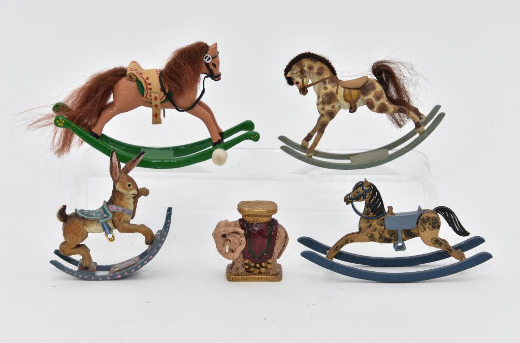 Skinner & Stell Artisan Dollhouse Rocking Horses: Amanda Skinner hand painted metal rabbit on wood runners rocking rabbit 3"L, Skinner, hand painted metal horse on wood runners rocking horse 3.75"L, Myra Stell hand made clay horse with wood legs has 