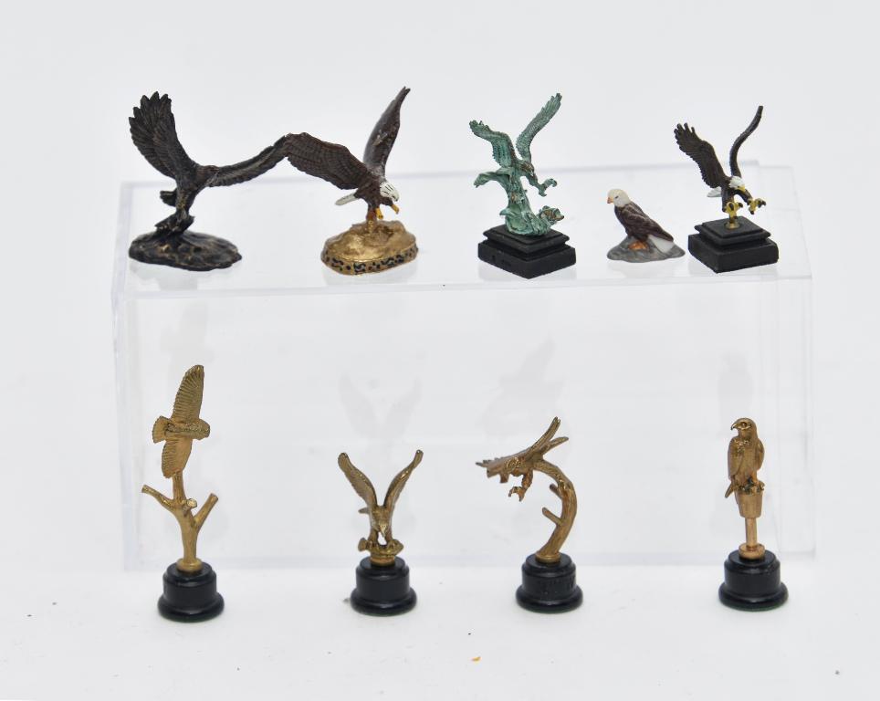 Assorted Artists Dollhouse Bird Statues Miniatures: Four RTW bronze bird statues to include two eagles, owl and falcon tallest 1 7/8", two Daniel Phillips Kronberg painted bronze statues of eagles, Ligia eagle statue with gold painted base, Olszewski e