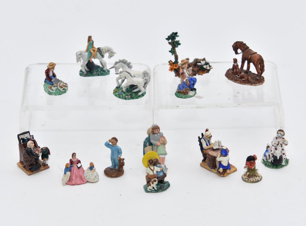 Jacki Transue Tiny Dollhouse Sculptures & Other: Nine signed Jacki Transue dollhouse figurines tallest .75" and four unsigned figurines, also a small artisan clay group titled Bedtime Story with illegible initials