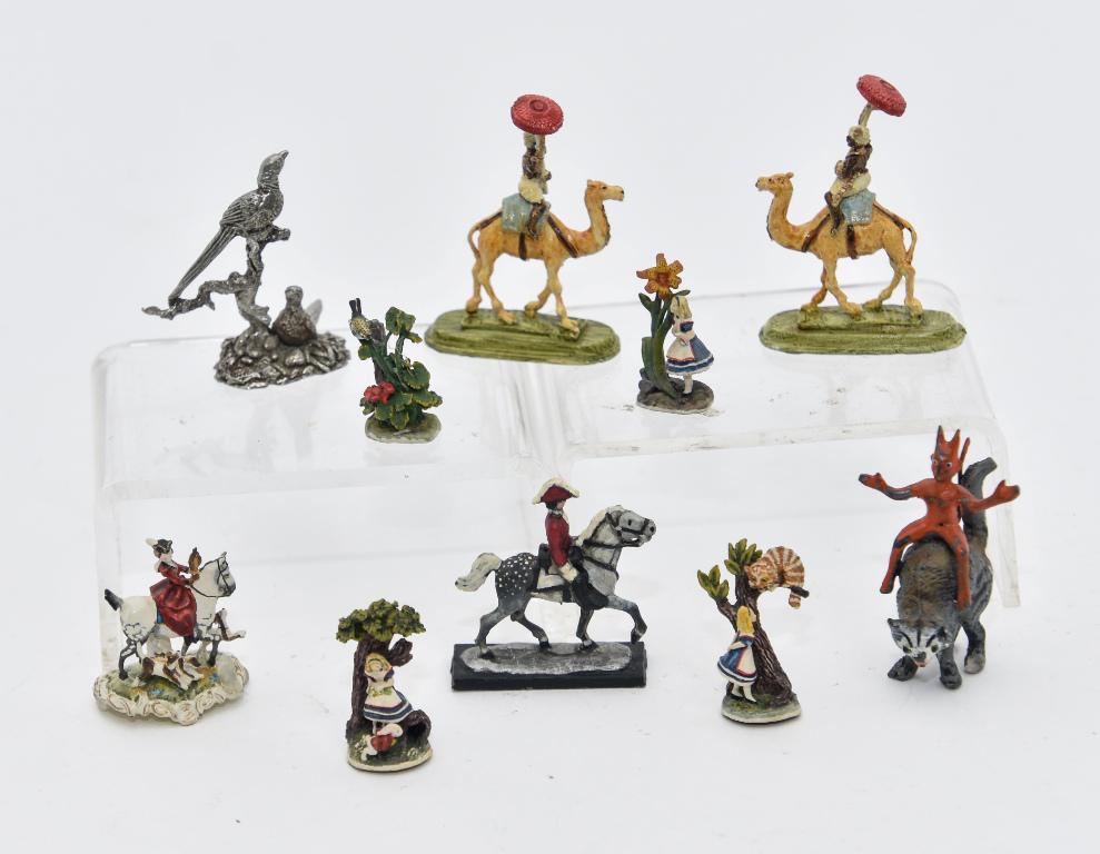 Artisan Dollhouse Metal Statue Miniatures: Nice selection of artisan metal statues, pair of Arabs riding camels signed D.W. 1.25"L, Buckeye officer on horseback 1.25"H, unsigned Devil riding a cat 1.5"H, pewter birds in a tree 1.5"H, three dif