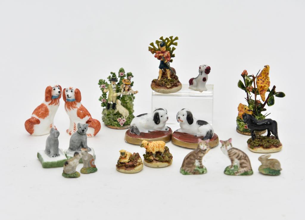 Dollhouse Sculptures & Figurines Miniatures: Group of six Staffordshire style figural groups tallest 1.75", four pair of Staffordshire style dogs and cats tallest 1.25"H, bisque dog holding leash in his mouth .75"H and three small vintage bisque