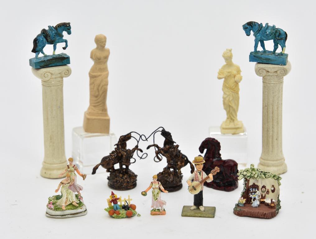 Assorted Artists Dollhouse Statues & Figurines: Gillick carved wood banjo player 1.5"H, KG pumpkin patch, S. Secord mouse room, French style courting scene 1.25"H and woman, three cast resin horse statues, pair of resin Tang style horses on pedesta