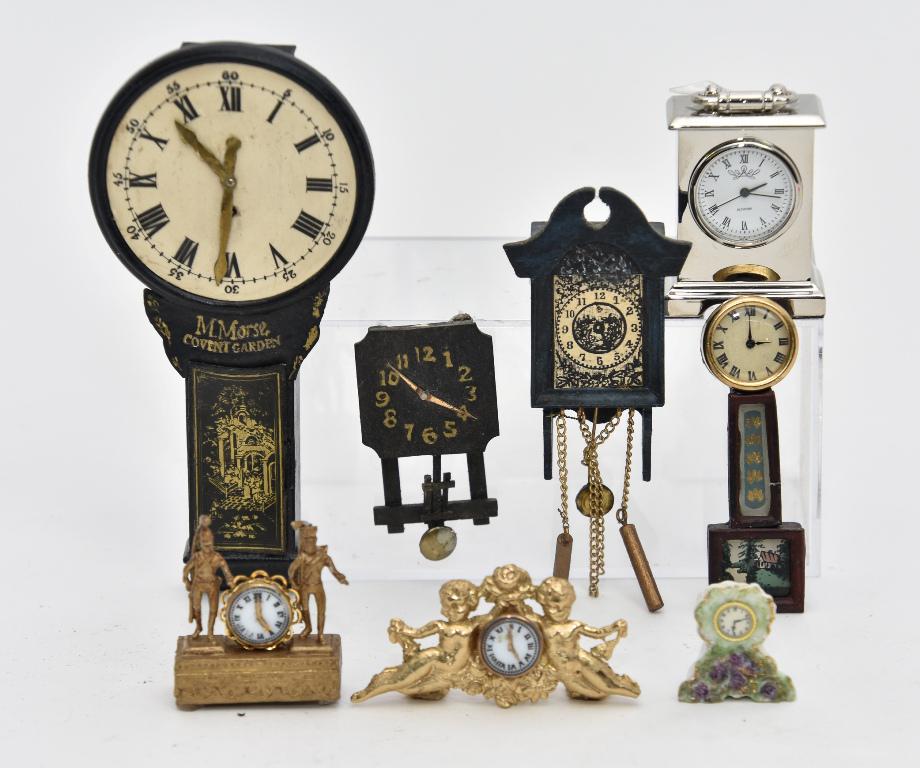 Dollhouse Artisan Clocks & Others: Hand made M. Morse station clock painted with Chinoiserie style scene 4.75"H, banjo clock with reverse painted glass panel, C.J. Vet wag on the wall clock, Patti Highfill figural mantel clock with Fre