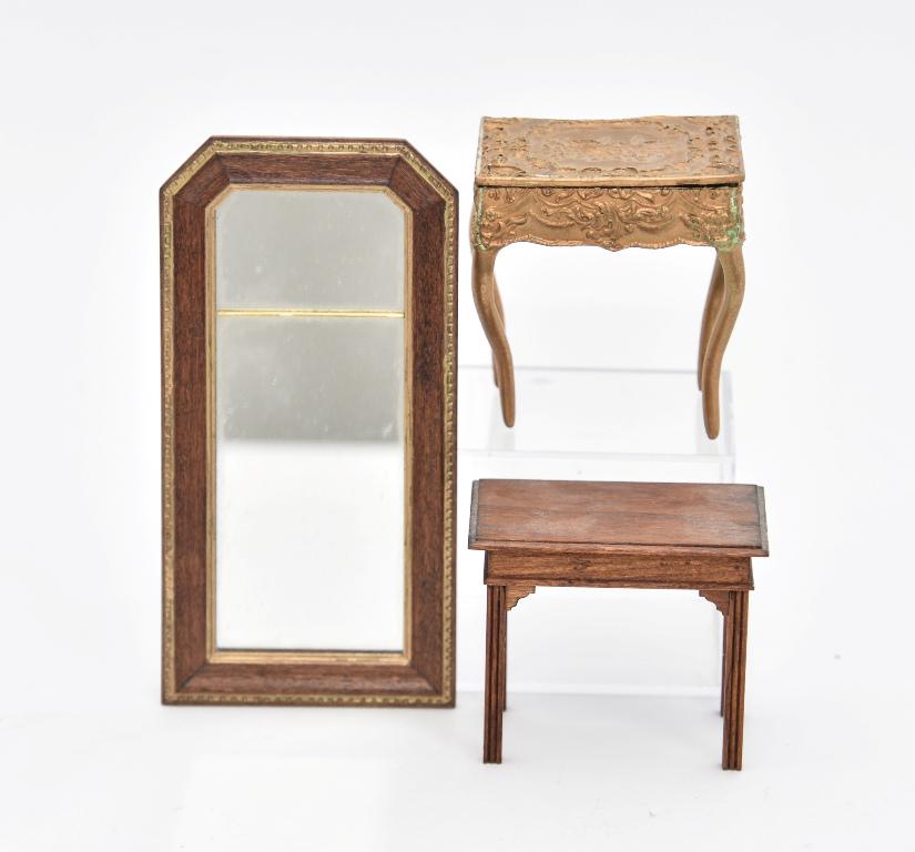 Roger Gutheil Table & Mirror Miniatures: Roger Gutheil Queen Ann style divided mirror with carved dentil molding and clipped top corners made for The Strong Museum 5"H, Gutheil mahogany side table with reeded legs 2.5"L, also includes a arti