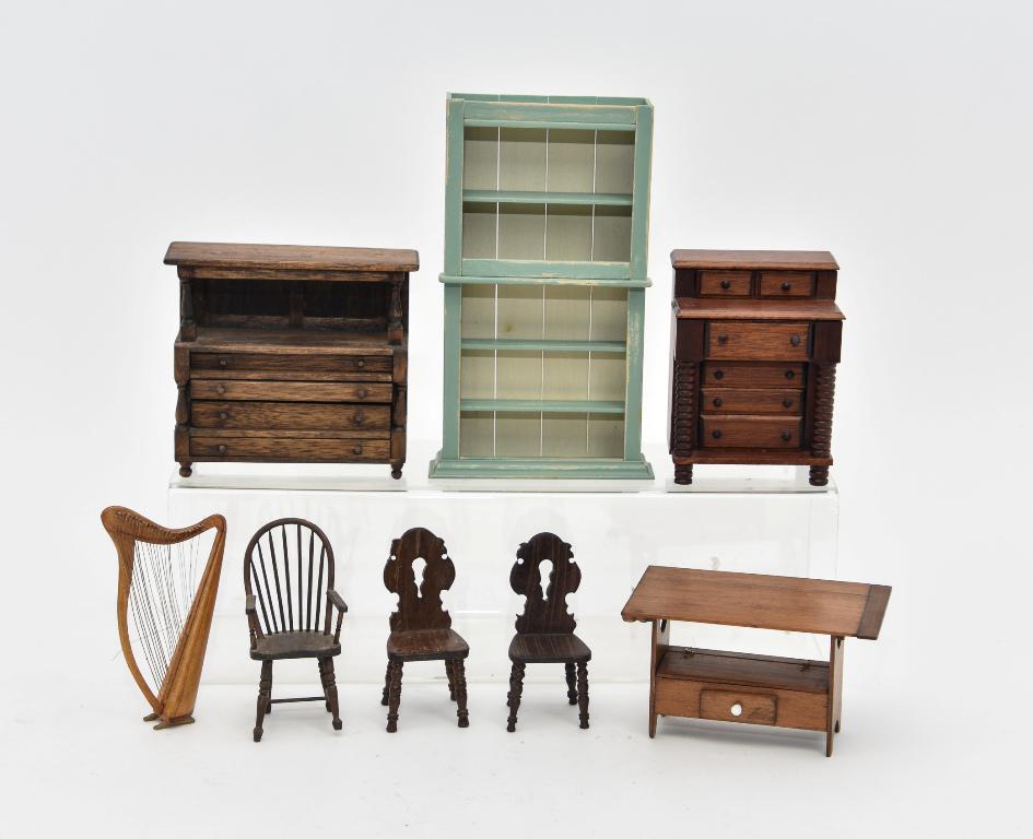 Assorted Dollhouse Furniture: Mahogany Empire style dresser with turned front columns signed Burns 78 4.25"H, Sonia Messer sideboard 4.75"W, Sonia Messer Windsor armchair, pair of unsigned hardwood hall chairs 3.5"H, country conve
