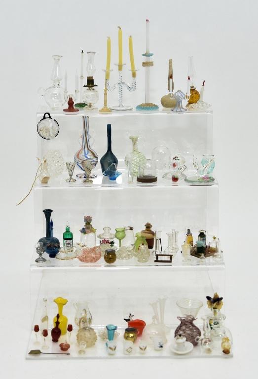Lot Of Dollhouse Miniature Glassware: Nice assortment of dollhouse glassware, vases, pitchers, domes, candlesticks, decanters, glass bird on birdbath, wineglasses etc., also glass miniature lab equipment