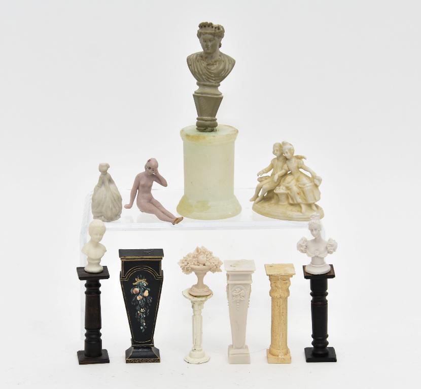 Dollhouse Statues & Pedestals Miniatures: Pair of Nic Nichols dark stained mahogany pedestals 2.75"H, Pollie Simpson floral painted pedestal 3.25"H, two resin and one cast metal pedestals, group of bisque statues include antique German courti